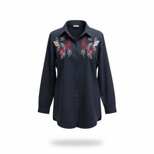 Bobbi Brooks Size XL Navy Button Down Leaf Embroidered Shirt 100% Cotton